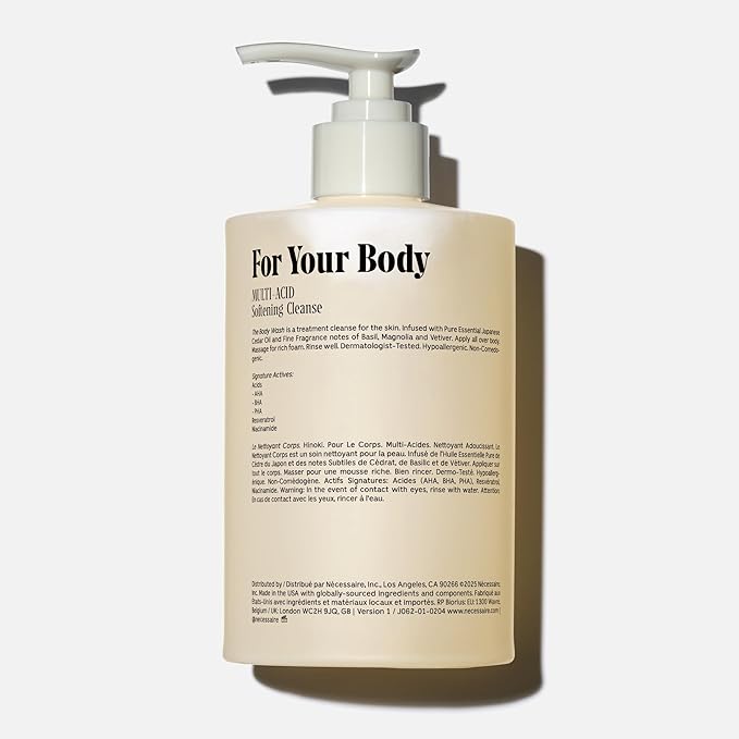 Nécessaire The Body Wash Hinoki. Natural Body Wash for Women & Men, Softening Shower Gel with Gentle Exfoliating Acids AHA/BHA/PHA. Gel Cleanse,16.9 fl oz