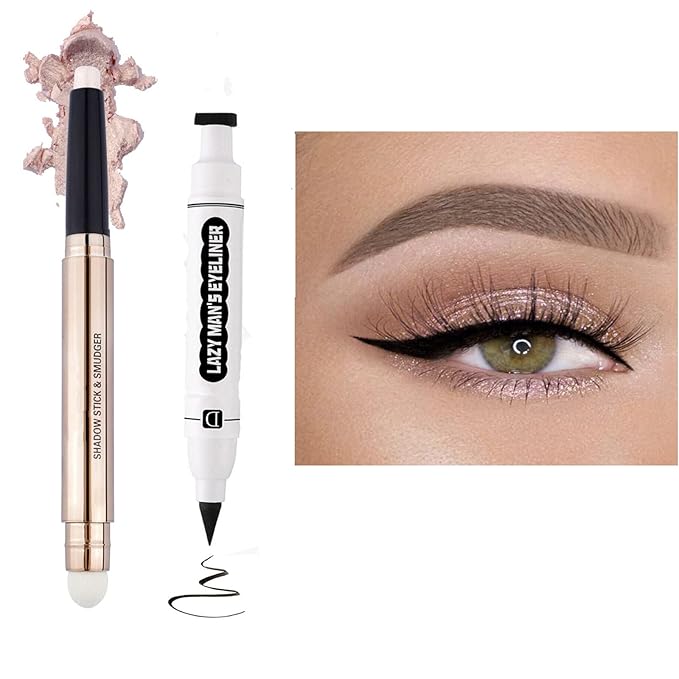 Cream Eyeshadow Stick and Wings Eyeliner Stamp Set Mothers Day Gift, Nude Pink Eye Shadow Pencil Shimmer Smoothing Eyeshadow Pen and Liner,Highlighter Stick, Multi-Dimensional Eye Makeup