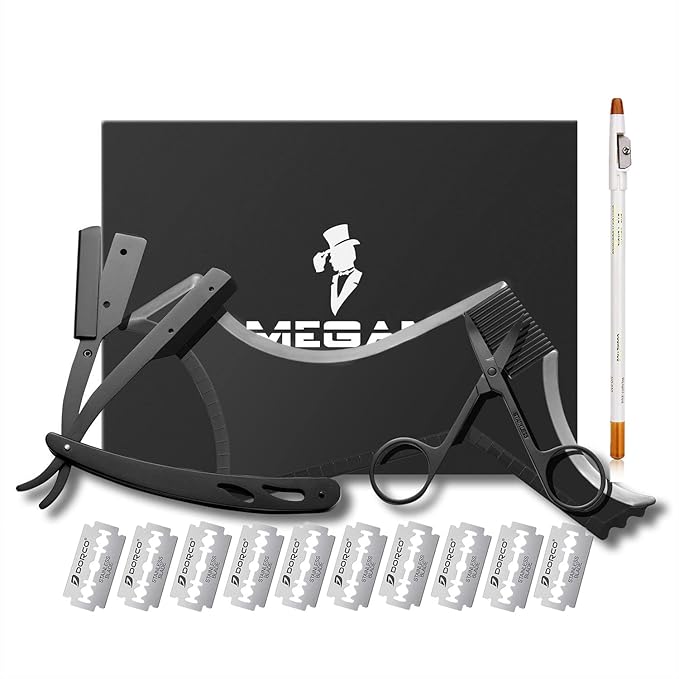 Megan Beard shaping tool,5 piece set beard shaper - include Professional Straight Edge Razor,beard template,10 Count of double edge blades,barber pencil and Stainless steel scissors.