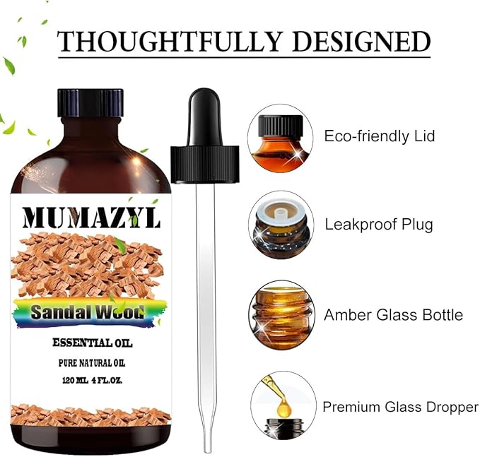 Sandalwood Essential Oil, Sandalwood Oil 4 Fl Oz 120ML for Diffuser Humidifier Yoga Cleaning DIY Candle Soap Making Essential Oils