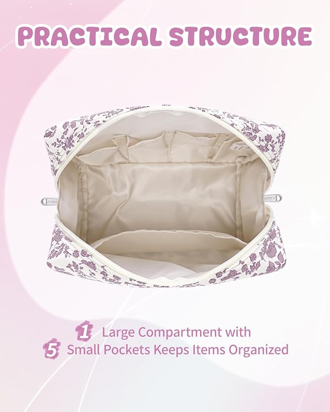 Narwey Birthday Gifts for Teen Girls Kids Women Personalized Initial Floral Makeup Bag Cute Cosmetic Trendy Stuff 6 8 10 11 12 13 14 16 18 Years Old Travel Toiletry Bag (Little Dusty Pink Flower D)