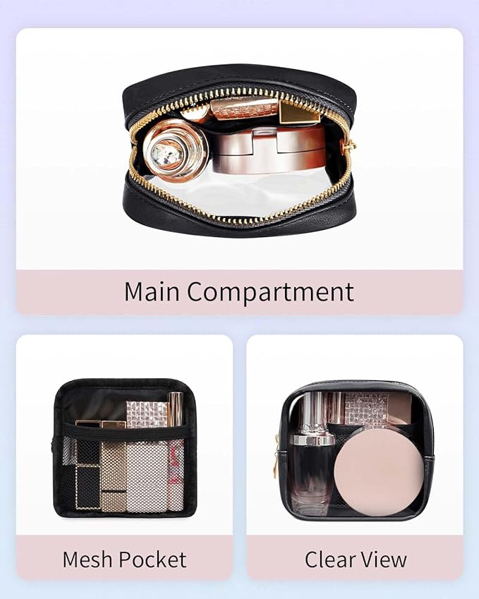 Wandering Nature Clear Makeup Bag for Purse Mini Make up Bag Cute Cosmetic Pouch for Women with Slip-in Pockets Travel Toiletry Essentials Vegan Leather Organizer Pouch,Patent Pending