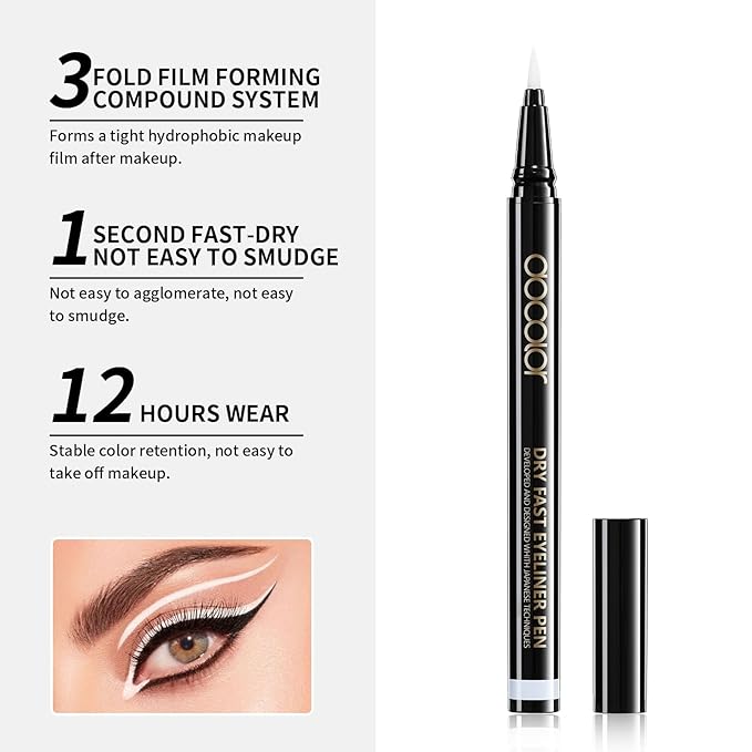 docolor Eyeliner, 2PCS White Liquid Eyeliner Waterproof Eye Liner Pen Super Slim Precise All Day White Eye Pencils Professional Makeup Liquid Eye Liner Pencil for Women