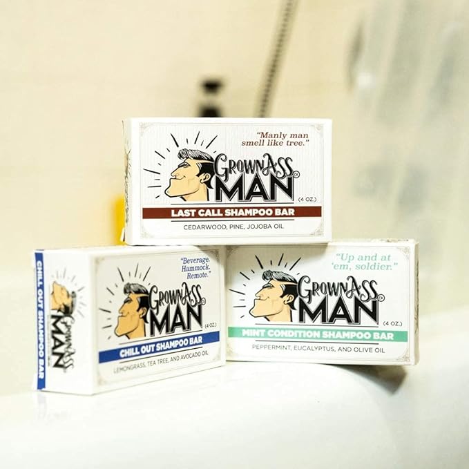 Grown Ass Man Co. - Solid Shampoo Bar Rich Lather 3 in 1: Hair, Beard & Body Wash - Plastic Free & Eco-Friendly, Natural & Organic Clean for All Hair Types, 4oz Bar (Variety, 6-Pack)