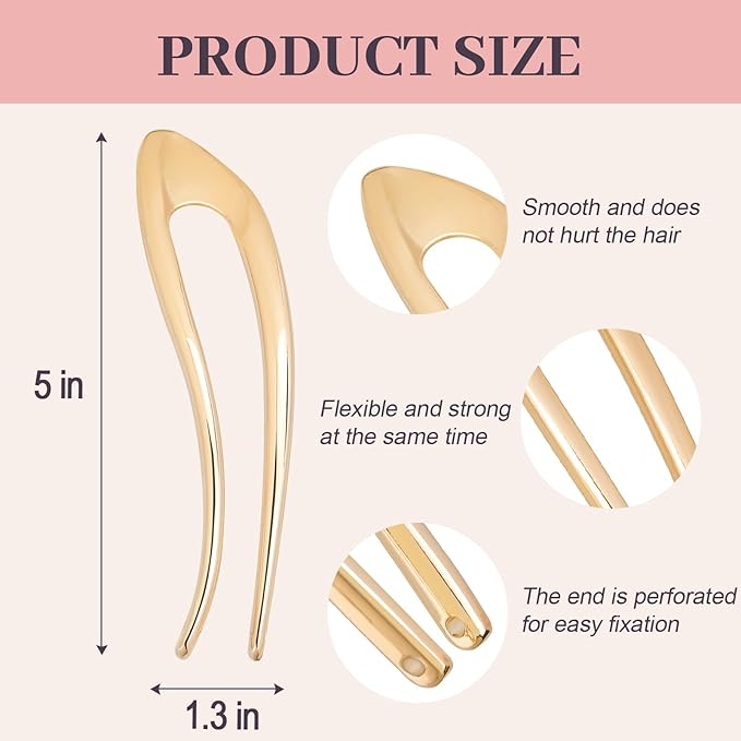 2PCS 5Inch French Hair Pins Large U-Shaped Pins for Women and Girls Fashion Metal Hair Pin French Twist Hair Pins for Buns, Updos,Stylish and Functional(set6-gold)