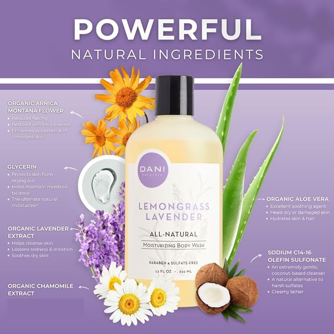 DANI Naturals Moisturizing Body Wash - Calming Lemongrass Lavender Scent with Organic Aloe Vera & Natural Glycerin - Paraben, Sulfate, & Phthalate-Free Shower Gel - 12 oz Bottle, Vegan & Cruelty-Free