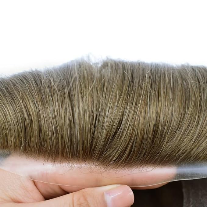 FACE MIRACLE Toupee for Men French Lace Hairpiece Human Hair Replacement System Skin PU Mens Toupee Hair Wigs for Man V-Looped Front Hair Prosthesis 6"X9" 7# VERY LIGHT BROWN