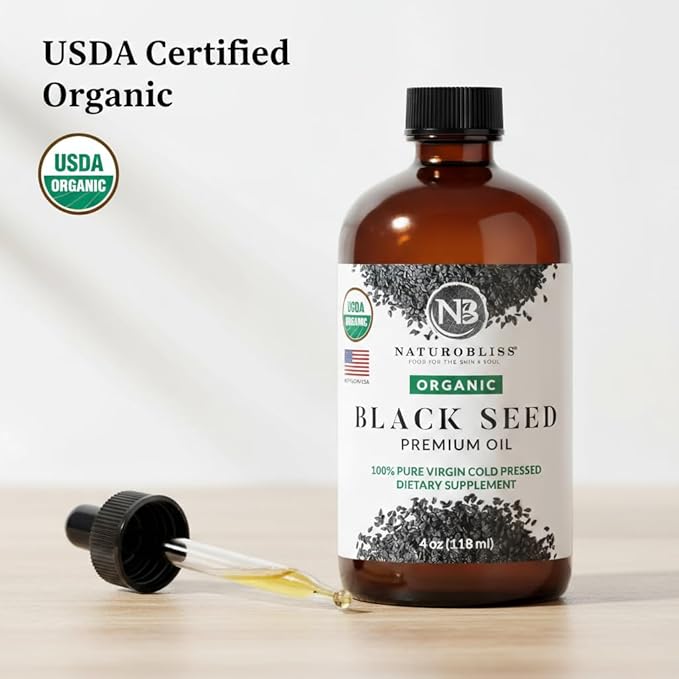 NaturoBliss Organic Black Seed Oil 100% Virgin Cold Pressed Omega 3 6 9 Super Antioxidant for Immune Support, Joints, Mobility, Digestion, Hair Skin Vegan, Gluten-Free, Non-GMO USDA Certified 4oz