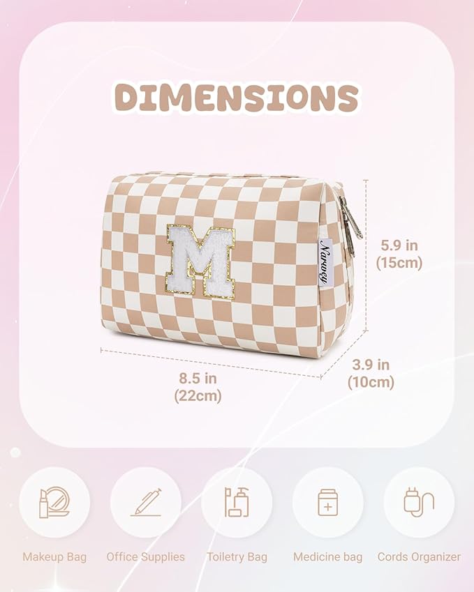 Narwey Birthday Gifts for Women Girls, Initial Makeup Bag for Bridesmaid Teacher Sister Friend Daughter Graduation Gifts, Personalized Monogram Cosmetic Toiletry Bag, Teen Girls Trendy Stuff (Brown M)
