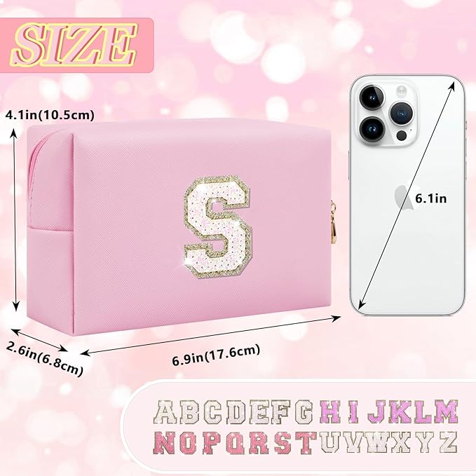 Personalized Initial Letter Makeup Bag, Small Glitter Letter Patch Cosmetic Pouch Zipper, Preppy Makeup Organizer PU Waterproof Travel Toiletry Bag, Monogrammed Birthday Gift for Women Girls
