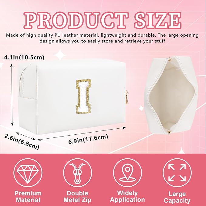 Personalized Initial Letter Patch Makeup Bag, Preppy Portable Chenille Letter Cosmetic Bag with Zipper, PU Leather Waterproof Travel Toiletry Bag Monogram Make Up Pouch for Women Girls(Letter I)