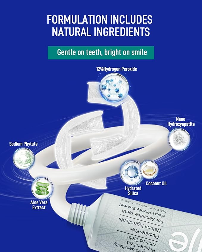MySmile 7 Treatment Prefilled Teeth Whitening Trays 12% Hydrogen Peroxide and Fluoride Free Nano Hydroxyapatite Toothpaste Combo for Sensitive Teeth Relief, Enamel Repair and Teeth Remineralization