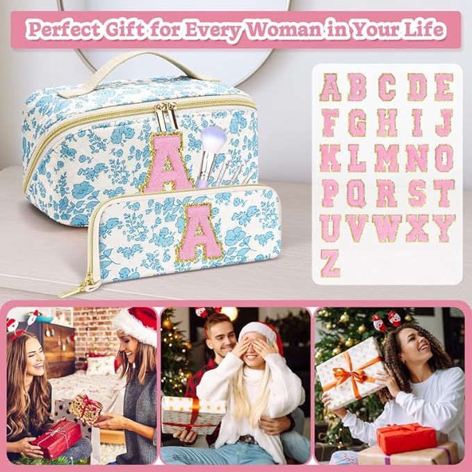 Personalized Travel Makeup Bag Set,Initial Travel Cute Floral Makeup Organizer Bag,Toiletry Skincare Cosmetic Bag,Christmas Gifts for Women/Girls,Open Flat Toiletry Pouch with Brush Pocket-B