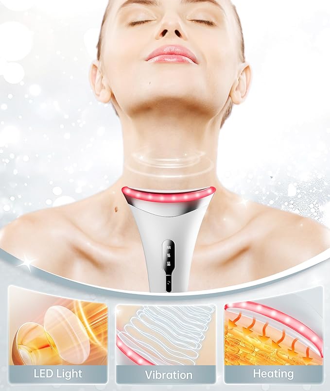 Red Light Therapy for Face and Neck, 7 Color Facial Massager with Adjustable Vibration and Thermals for Wrinkles, Double Chin, Portable Skin Care Tool with Base, White