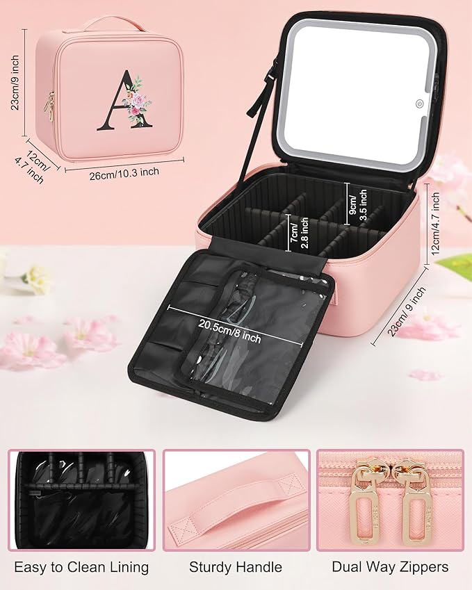Relavel Initial Makeup Bag with LED Mirror for Women Girls, Personalized Travel Cosmetic Organizer Train Case, Birthday Gifts for Grandkids Bridesmaid Graduation Teacher Friends, Trendy Stuff, Pink B