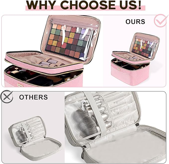 Double Layer Travel Makeup Bag for Women, Large Cosmetic Case Organizer with Makeup Brush Compartment, Portable Train Case Make Up Bag for Travel-Size