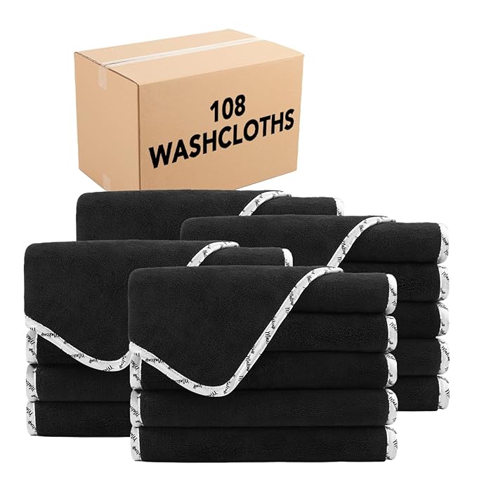 Arkwright Makeup Towels - Bulk Case of 108 - Ultra Soft & Gentle Microfiber Coral Fleece Washcloth Face Make Up Remover, Reusuable Eraser Cloth Essentials for Hosts & Artists, 13 x 13 in, Black/White