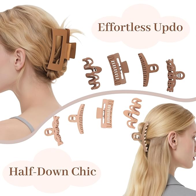 Matte Non-Slip Large Hair Clips for Women 8PCS (4 Beige+4 Khaki), Durable Claw Clips for Women/Girls | Gift-Ready Neutral Hair Accessories for Daily & Special Occasions