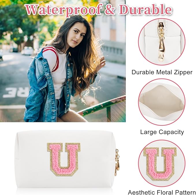 Personalized Initial Letter Patch Makeup Bag, Preppy Portable Chenille Letter Cosmetic Bag with Zipper, PU Leather Waterproof Travel Toiletry Bag Monogram Make Up Pouch for Women Girls(Letter U)
