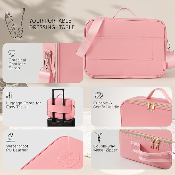 15''X11'' Large Makeup Bag with Removable Lighted Mirror, Professional Travel Makeup Train Case PU Leather Cosmetic Make up Organizer with Adjustable Dividers & Brush Storage Board