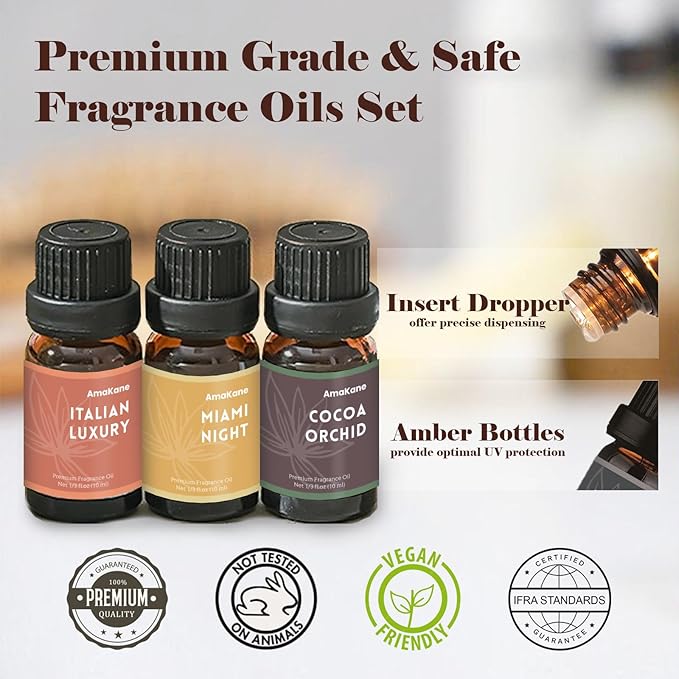 AmaKane Home Fragrance Oils, Diffuser Oils Scents for Home, Candle Making Scents, Fragrance Oil for Soap Making, Fresh White Tea, Cocoa Orchid, Peach Serenade and More Essential Oils, 6x10 ml