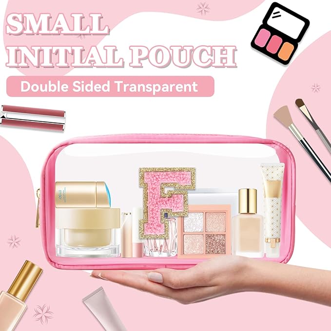 Small Clear Personalized Initial Makeup Bag,Nylon Preppy A-Z Chenille Letter Patch Cosmetic Pouch Beach Toiletry Bag,Waterproof Zipper Travel Purse Storage Bag Organizer for Women Girls(Pink-Pink F)
