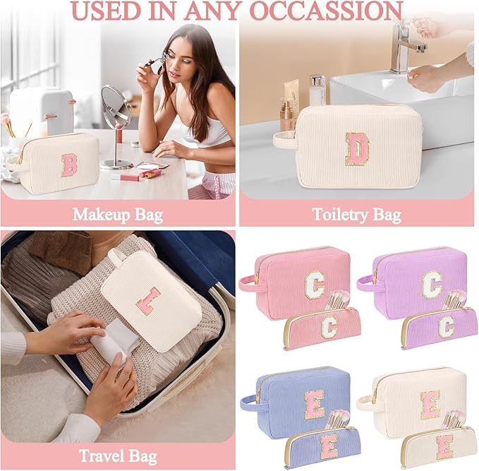 Personalized Initial Makeup Bag Trendy Stuff Corduroy Cosmetic Bag Travel Toiletry Bag, Christmas/Thanksgiving/Halloween Gifts Makeup Organizer Case for Women Girls Mom Girlfriend Wife - White