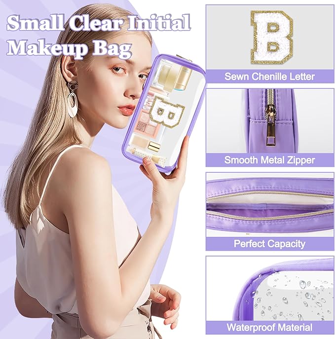 Small Clear Personalized Initial Makeup Bag,Nylon Preppy A-Z Chenille Letter Patch Cosmetic Pouch Beach Toiletry Bag,Waterproof Zip Travel Purse Storage Bag Organizer for Women Girls(Purple-White B)