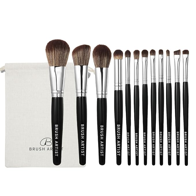 BRUSH ARTIST 12 PCs Black Silver Makeup Brush Set with Cotton Bag, Foundation Sponge, Face Powder Brush, Contour Brush, Blush Brush, Eyeshadow Brush, Eyebrow Brush, Concealer Brush