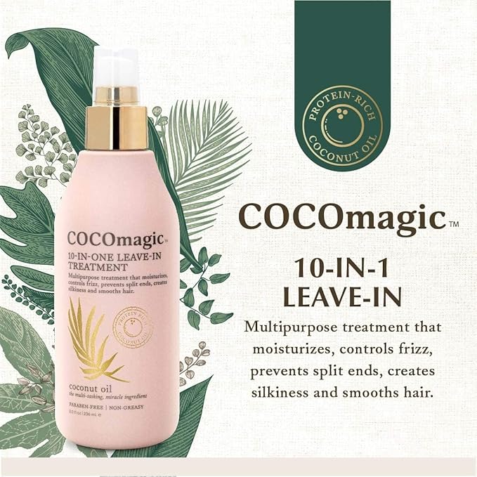 Cocomagic 10-in-1 Leave-in Hair Treatment with Coconut Oil | Hydrate, Detangle, Prevent Frizz | Smooths, Creates Silkiness | Gentle for All Hair Types | Paraben Free, Made in USA (8 Oz, 2 Pack)