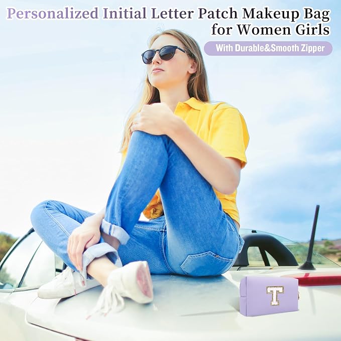Iqimott Personalized Initial Letter Patch Makeup Bag, Preppy Small Chenille Letter Cosmetic Bag with Zipper, PU Leather Waterproof Travel Toiletry Bag Monogram Make Up Pouch for Women Girls(Letter T)