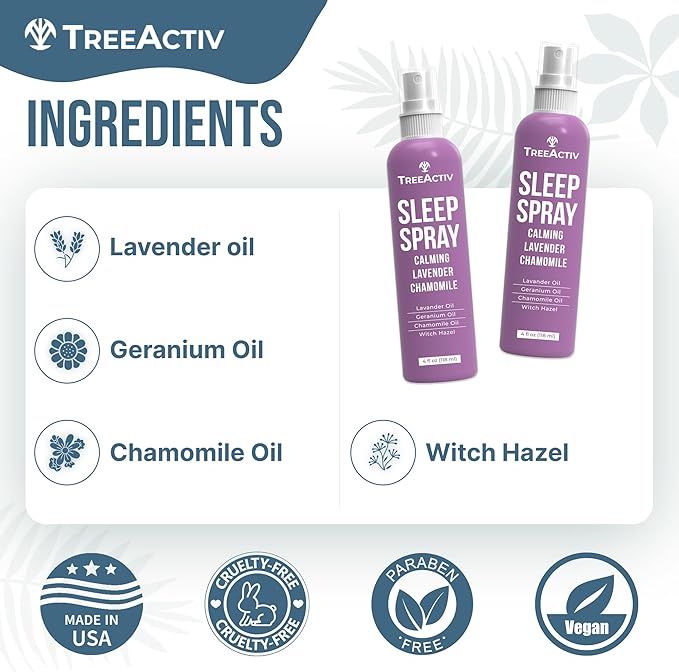TreeActiv Sleep Spray, Calming Lavender Chamomile, Soothing Witch Hazel & Lavender Pillow Spray Air Freshener for Room, Bed, Fabric, Pillows & Linen Mist for Sleeping & Relaxation, 1000+ Sprays
