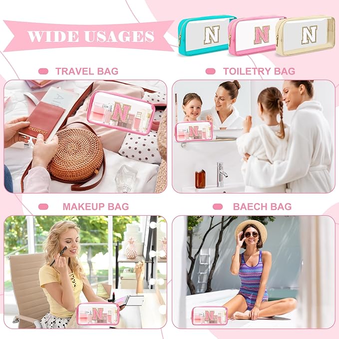 Personalized Initial Letter Clear Makeup Bag,Preppy Small Nylon&PVC Cosmetic Zipper Bag with Chenille Letter,Portable Beach Travel Skincare Toiletry Bag,Trendy Monogram Gift for Teen Girls Women,N