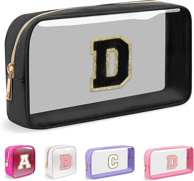Small Clear Personalized Initial Makeup Bag,Nylon Preppy A-Z Chenille Letter Patch Cosmetic Pouch Beach Toiletry Bag,Waterproof Zipper Travel Purse Storage Bag Organizer for Women Girls(Black-Black D)
