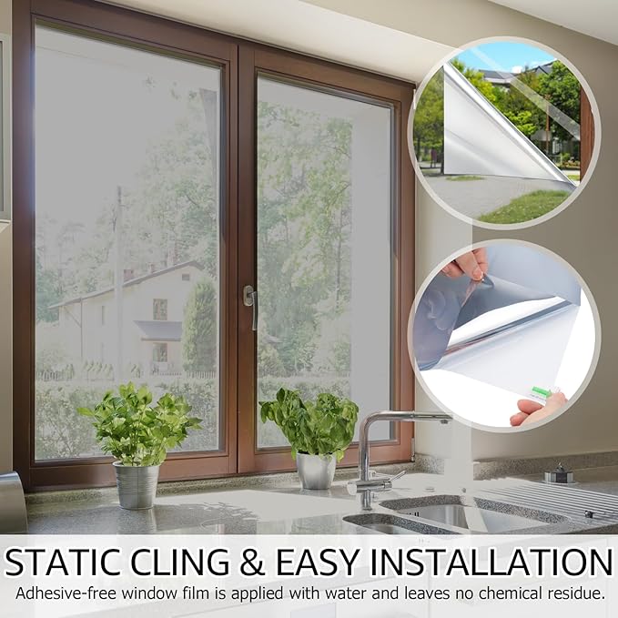 HIDBEA One Way Privacy Window Film, Daytime Privacy Sun Blocking Anti UV Reflective Window Film Heat Control Static Cling Window Tint Film for Home and Office, Silver, 17.35 x 196.8 Inch
