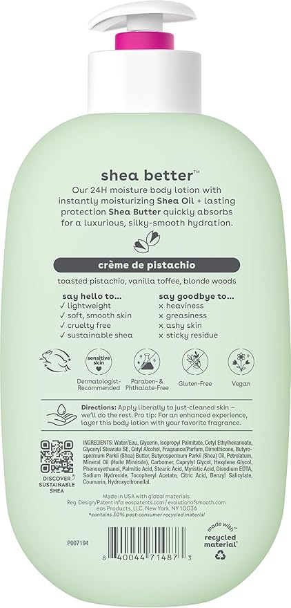 eos Shea Better Body Lotion- Crème de Pistachio, 24-Hour Moisture Skin Care, Lightweight & Non-Greasy, Made with Natural Shea, Vegan, 16 fl oz