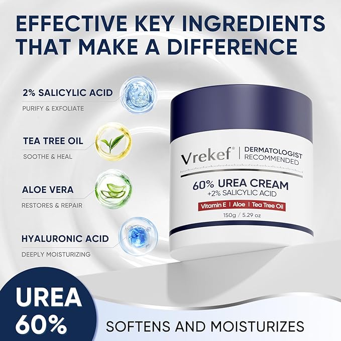 Urea Cream 60 Percent for Feet Maximum Strength, Urea Cream 60% Plus Salicylic Acid 2%, Foot & Hand Cream for Dry Cracked