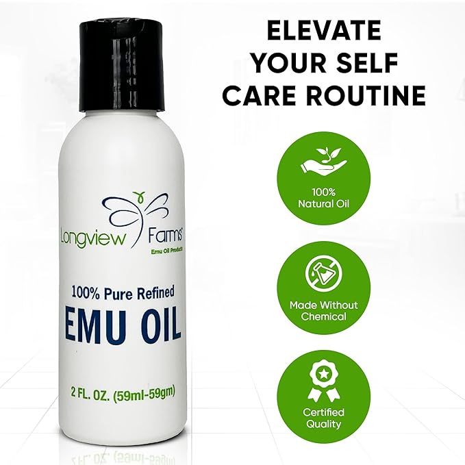 Longview Farms® Emu Oil for Hair and Body - 100% Pure & Refined Emu Oil for Skin & Hair Care | Premium Quality Hydration & Nourishment | 4 Fl. Oz