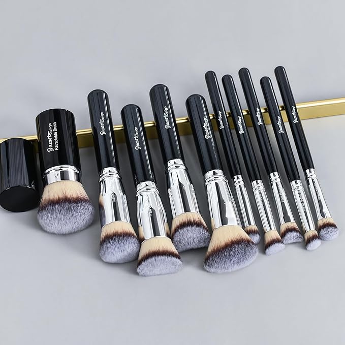 Bueart Design Essential Makeup Brushes set With Travel Retractable Powder Brush vegan Hair for Foundation concealer eyeshadow face Contour Brush (10Pcs Pearl Black)