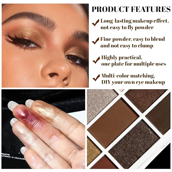 12 Colors Matte Shimmer Pressed Eye Shadow Palette - Beige Light Nude Brown Cocoa Taupe Black Smoky, Silver Bronze Gold Rose Champagne, Vegan Cruelty-Free, for Women Pro Makeup Looks