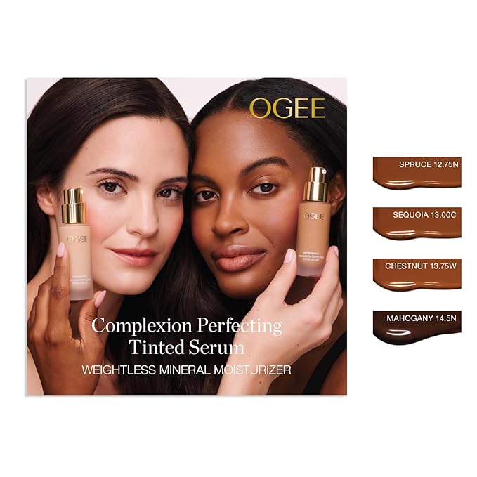 Ogee Complexion Perfecting Liquid Foundation - Lightweight Tinted Moisturizer For Face (Spruce 12.75N - Deep, Bronze Undertones) - with Vitamin C & Jojoba Oil - Certified Organic & Made in USA
