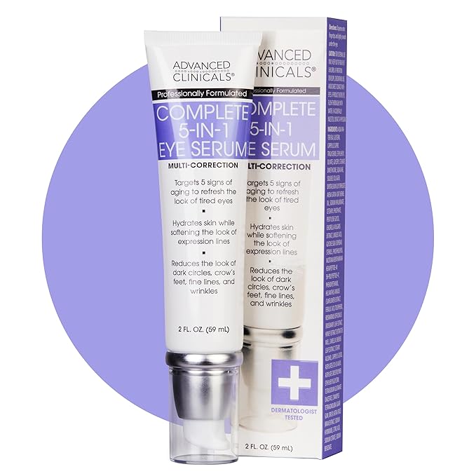 Advanced Clinicals 5-in-1 Eye Serum | Multi-Benefit Visible Anti Aging Under Eye Serum Face Moisturizer Reduces Appearance Of Dark Circles, Puffy Eyes, Crows Feet, Wrinkles, & Fine Lines, 2 Fl Oz