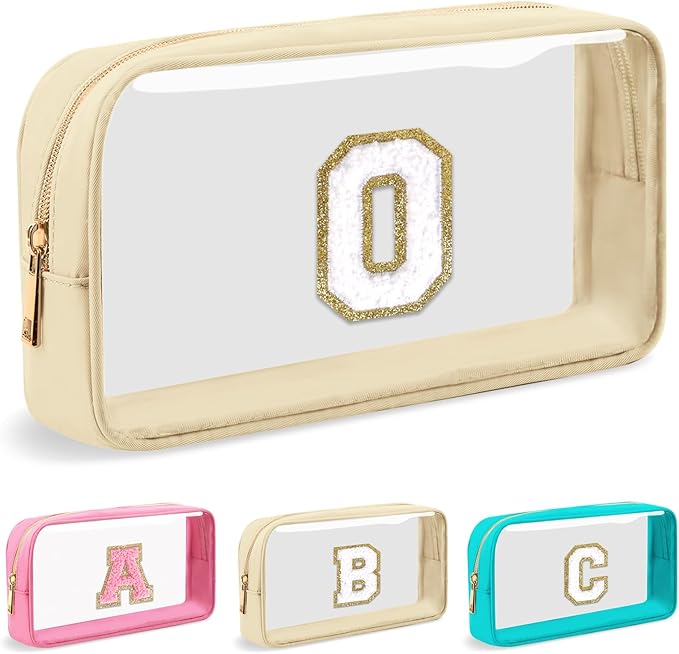 Personalized Initial Letter Clear Makeup Bag,Preppy Small Nylon&PVC Cosmetic Zipper Bag with Chenille Letter,Portable Beach Travel Skincare Toiletry Bag,Trendy Monogram Gift for Teen Girls Women,O