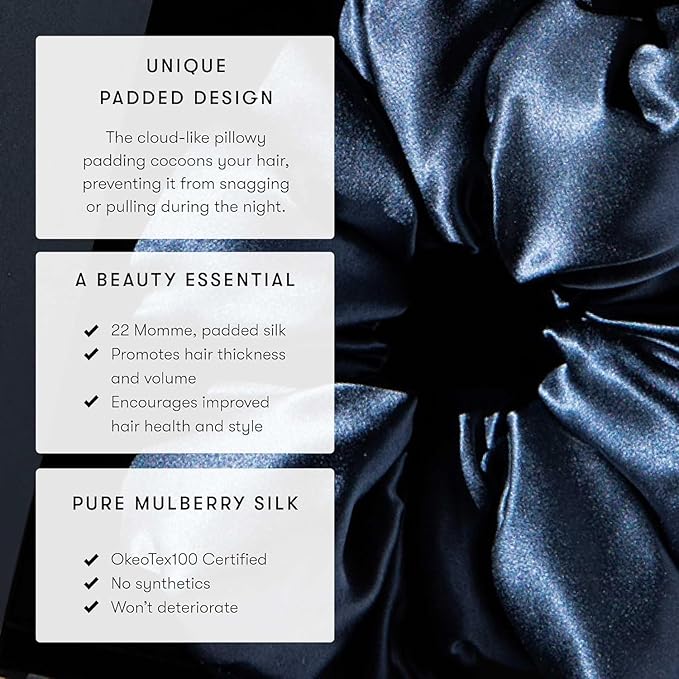 Drowsy Oversized Scrunchie – Luxury Mulberry Silk Hair Tie for All Hair Types, Sleep Scrunchie to Reduce Breakage, Maintain Moisture & Enhance Hair Shine - Midnight Blue