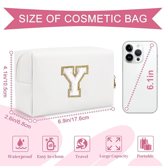 Small Personalized Initial A-Z Preppy Patch Makeup Bag,White PU Chenille Letter Travel Cosmetic Pouch with Zipper,Cute Toiletry Bag,Gift Ideal for Teen Girls Women Teacher Bridesmaid,Letter Y