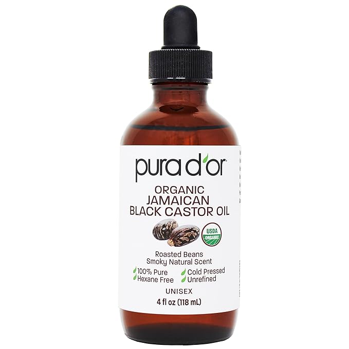 PURA D'OR 4 Oz ORGANIC Jamaican Black Castor Oil - Natural Smoky Scent - 100% Pure USDA Certified Cold Pressed, Hexane Free Eyelash & Eyebrow Serum - For Fuller, Thicker Lashes & Brows - Skin & Hair