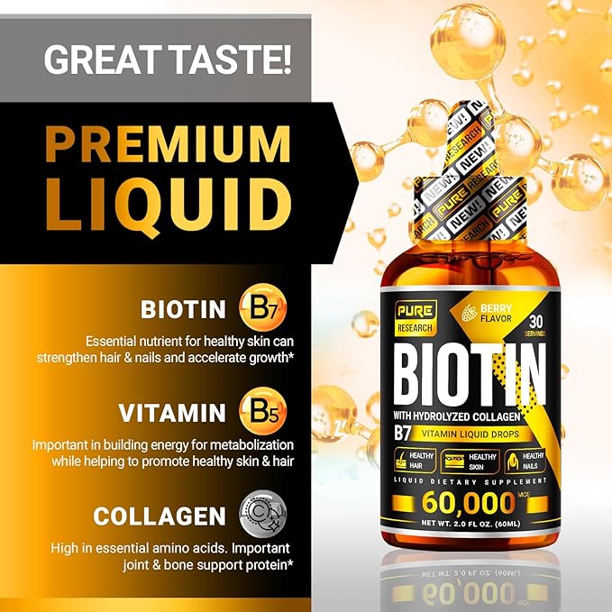 PURE RESEARCH Biotin & Collagen 60,000mcg Hair Growth Liquid Drops, Supports: Strong Nails, Glowing Skin, Healthy Hair Growth, More Absorption Than Capsules & Pills (4Fl Oz)