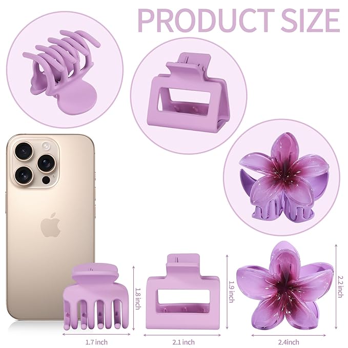 3 Styles Medium Hair Clips for Women 9 Pcs Small Claw Clips for Thin Hair Flower Hair Clips for Thick Hair Square Hair Claw Clips for Girls Hawaiian Plumeria Hair Accessories for Women (Purple)