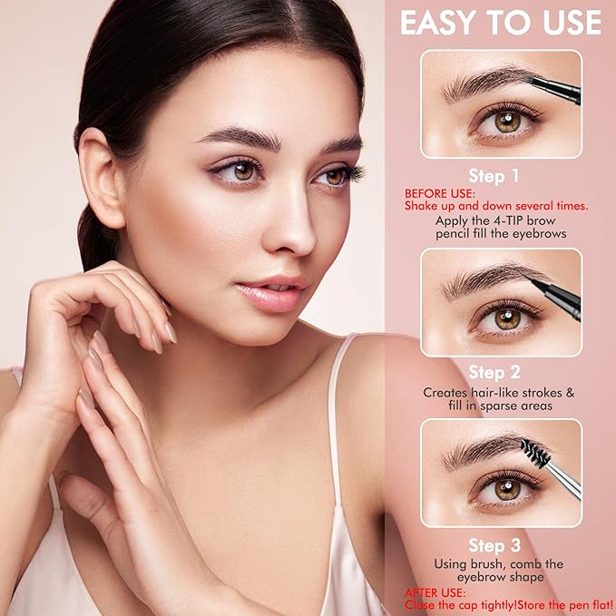 Eyebrow Pencil, 2-in-1 Waterproof Eyebrow Pen with 4 Tip Brow Pen and Ultra-Precise Brow Pencil, with Dual-ended Eyebrow Brush, Eyebrow Makeup for Natural Looking Eyebrows - Grey