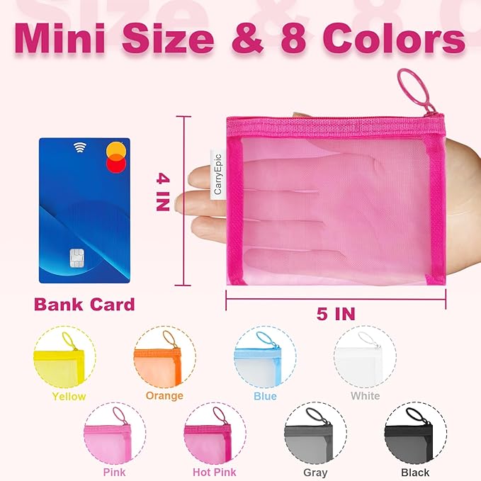 Mini Mesh Pouches(8 Pack), Small Mesh Bags with Zipper Nylon Makeup Pouches Bag Cosmetic Pouch Travel Purse Organizer Insert Diaper Inside Bag Organizers Home Organizing Size See Through Cute Colors